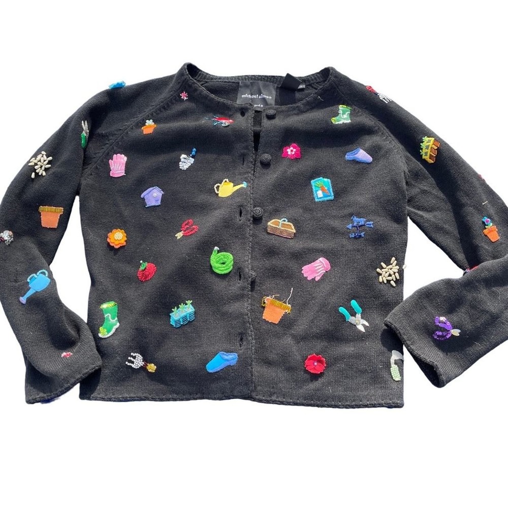 Michael Simon Cardigan Spring Gardener Sweater Wearable Art Black Small vintage